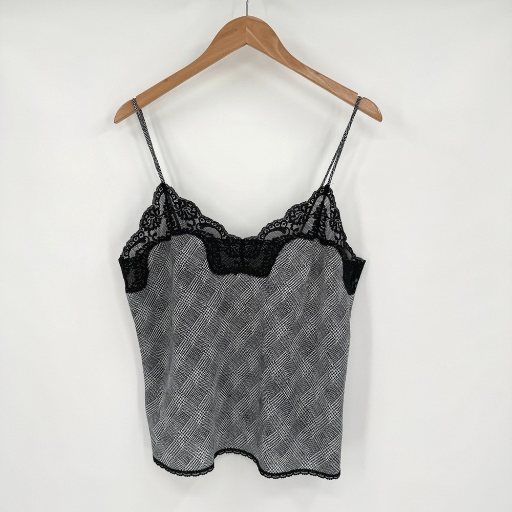 Escapades Black/White Plaid Houndstooth Lace Trim Camisole Tank Top  Women's L‎